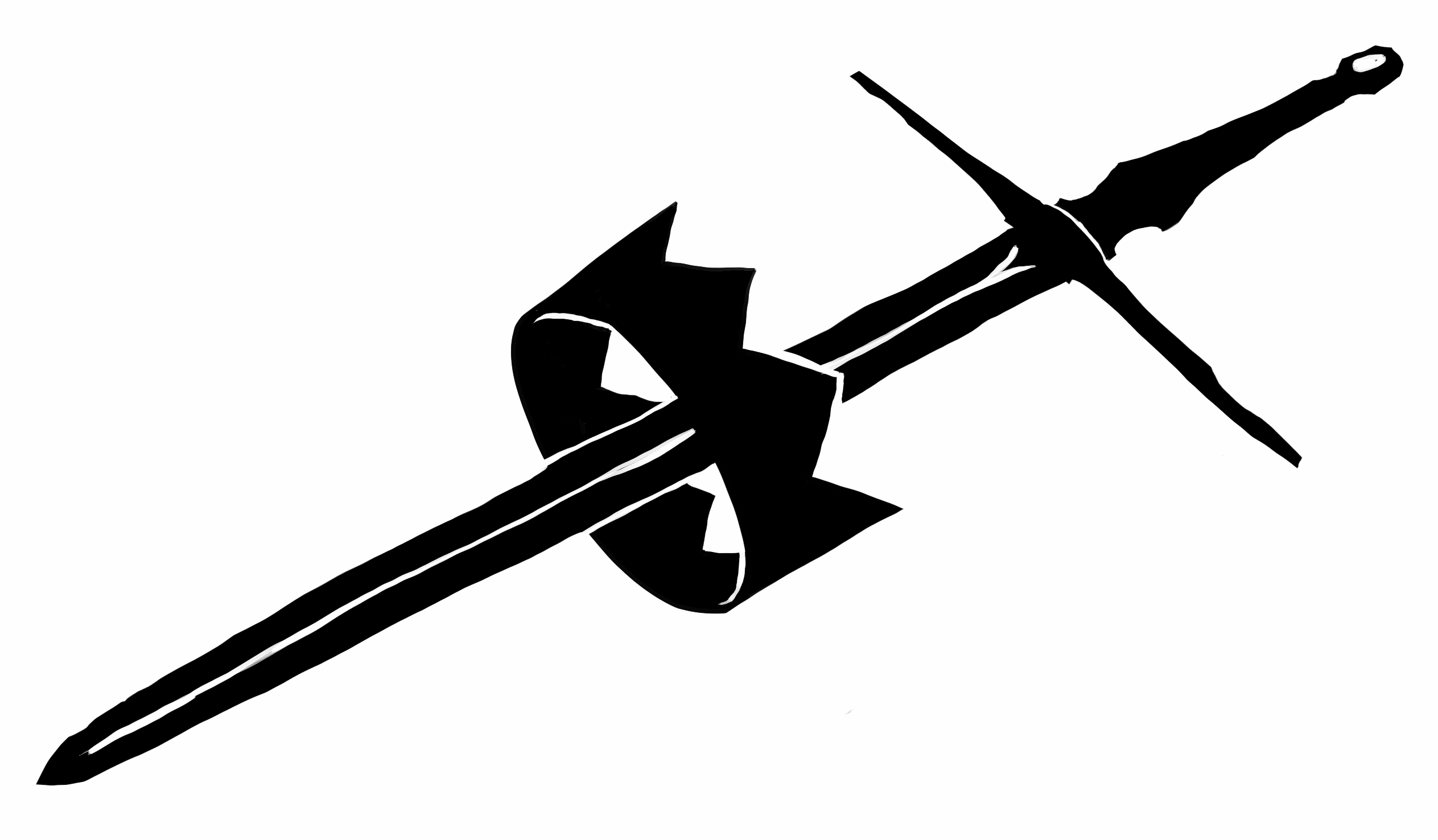 Animated black ink illustration of a longsword piercing a crown, drawn diagonally on white.
