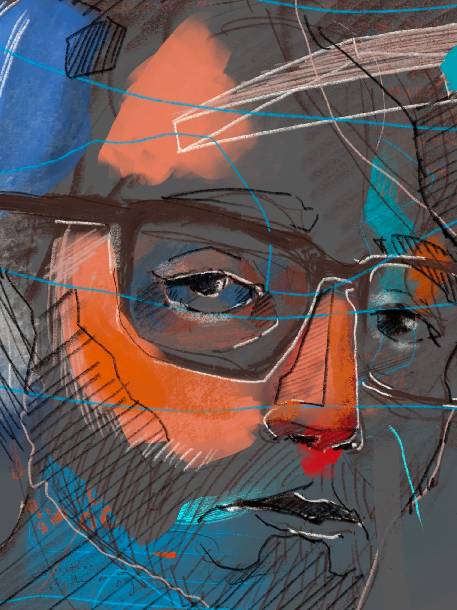 Digital self-portrait in glasses, close-cropped, layered with orange, blue and grey brushwork and loose line hatching.