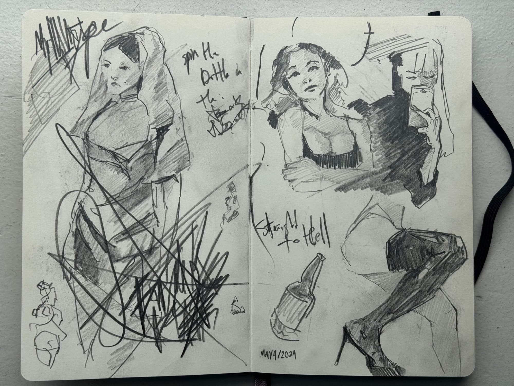 Sketchbook spread of graphite drink-and-draw studies: a hooded woman, a woman taking a mirror selfie, a bottle and legs in heels, dated May 4, 2024.