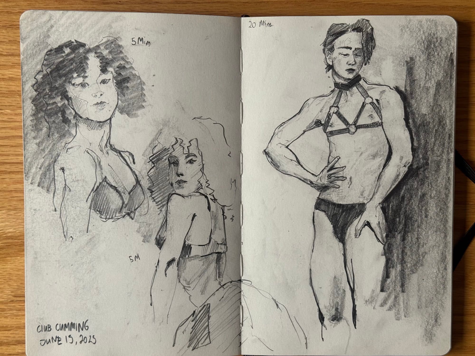 Sketchbook spread of graphite figure drawings: two five-minute studies of a curly-haired woman and a twenty-minute study of a man in a harness.