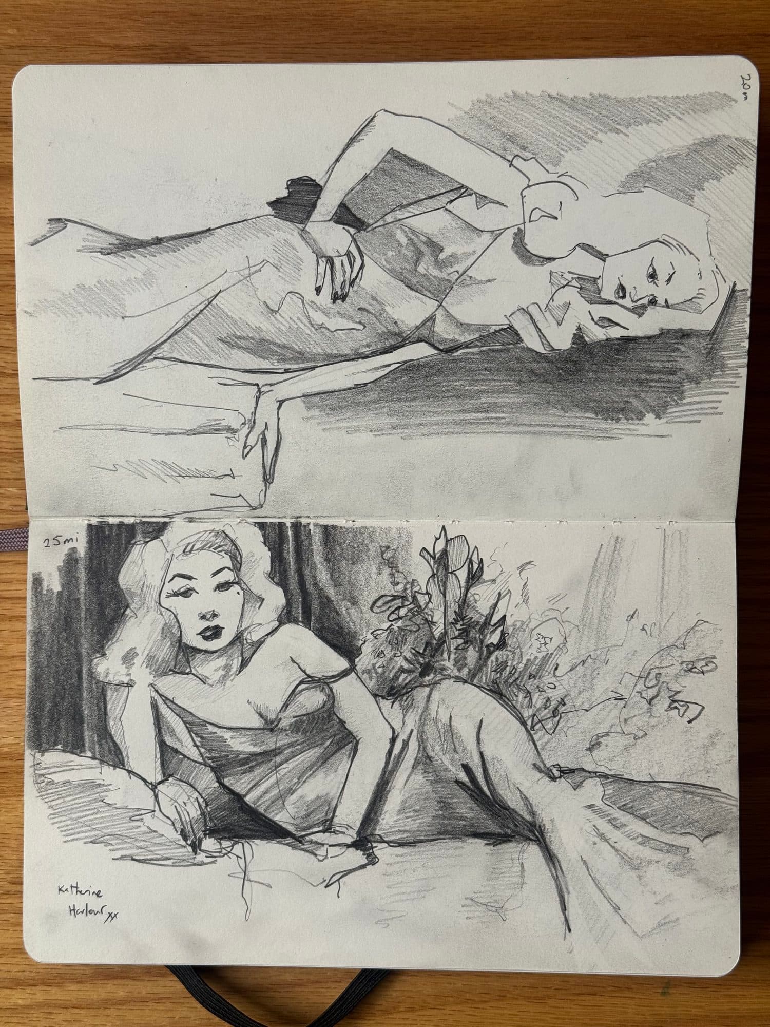 Sketchbook page of two graphite figure drawings: a reclining woman in loose line and a Hollywood-glamour pose of a woman on a draped chaise.