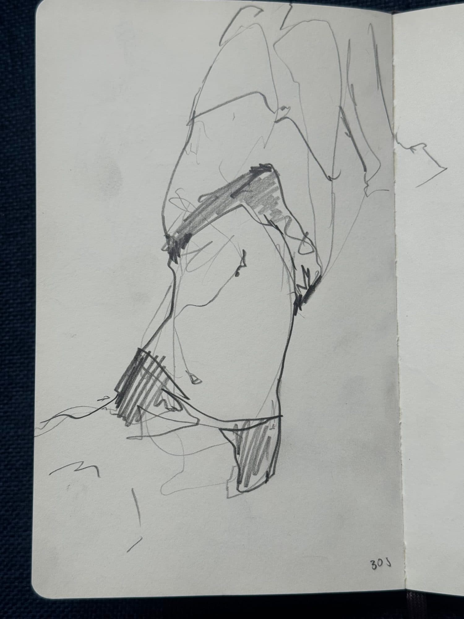 Thirty-second graphite gesture drawing of a kneeling figure, loose contour lines with hatched accents.