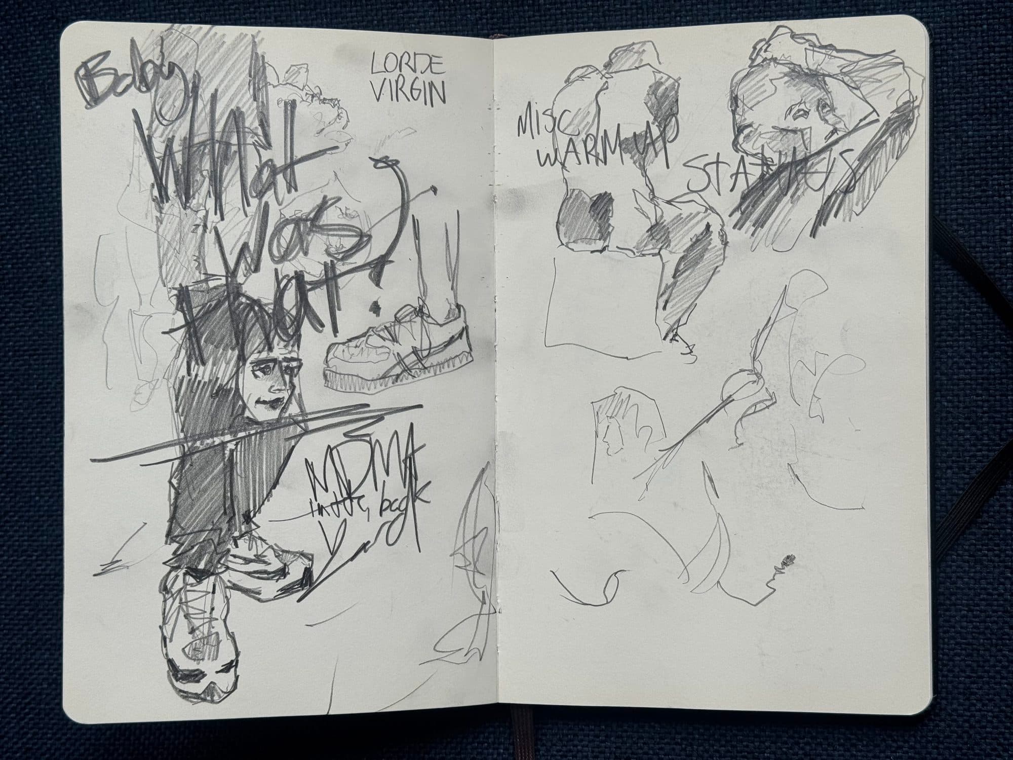 Sketchbook spread of loose graphite warm-ups: a figure in platform sneakers scrawled with song lyrics, and statue studies.