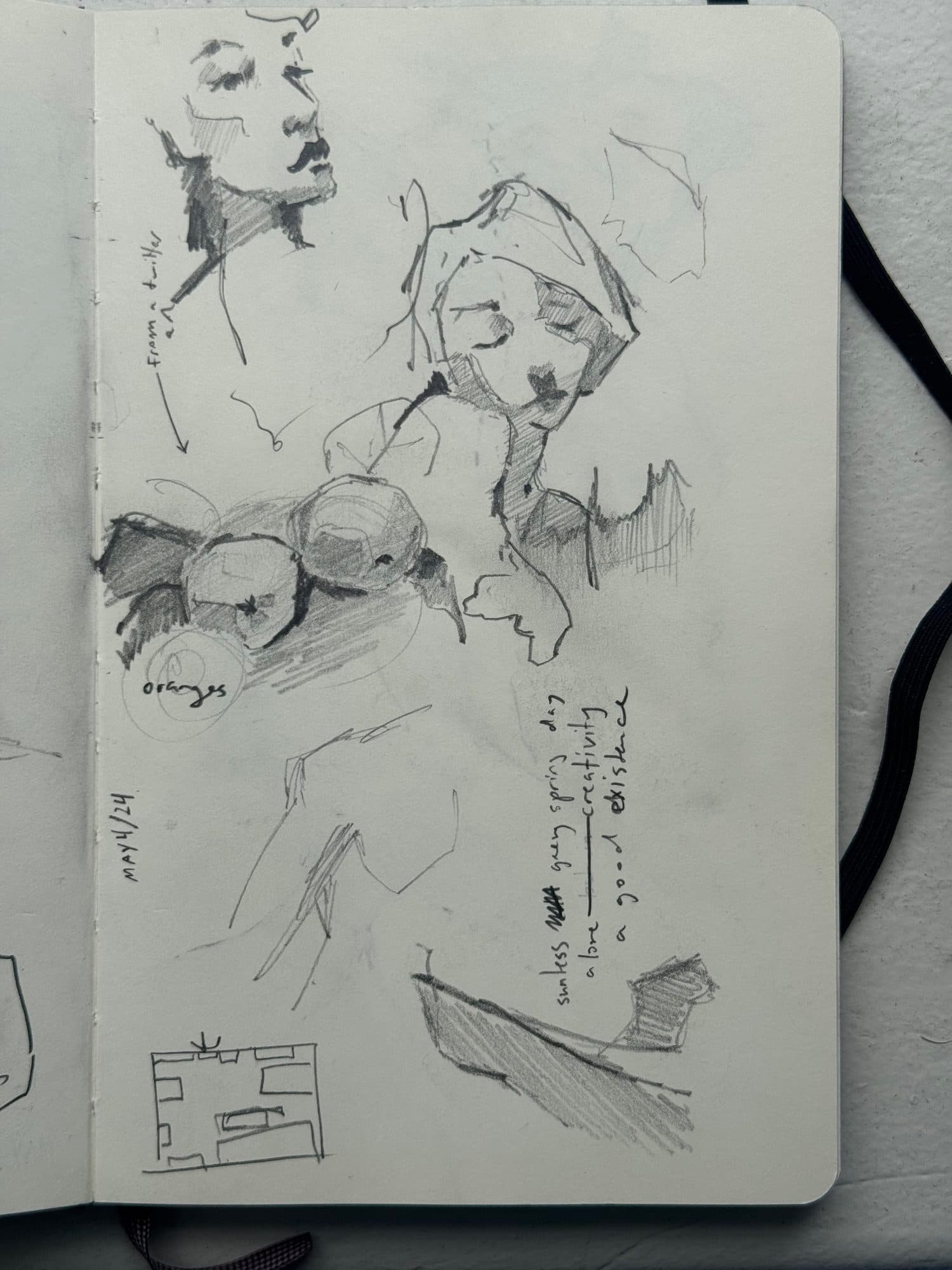 Sketchbook page of graphite studies: faces, a bowl of oranges, a floor plan and handwritten notes, dated May 4, 2024.